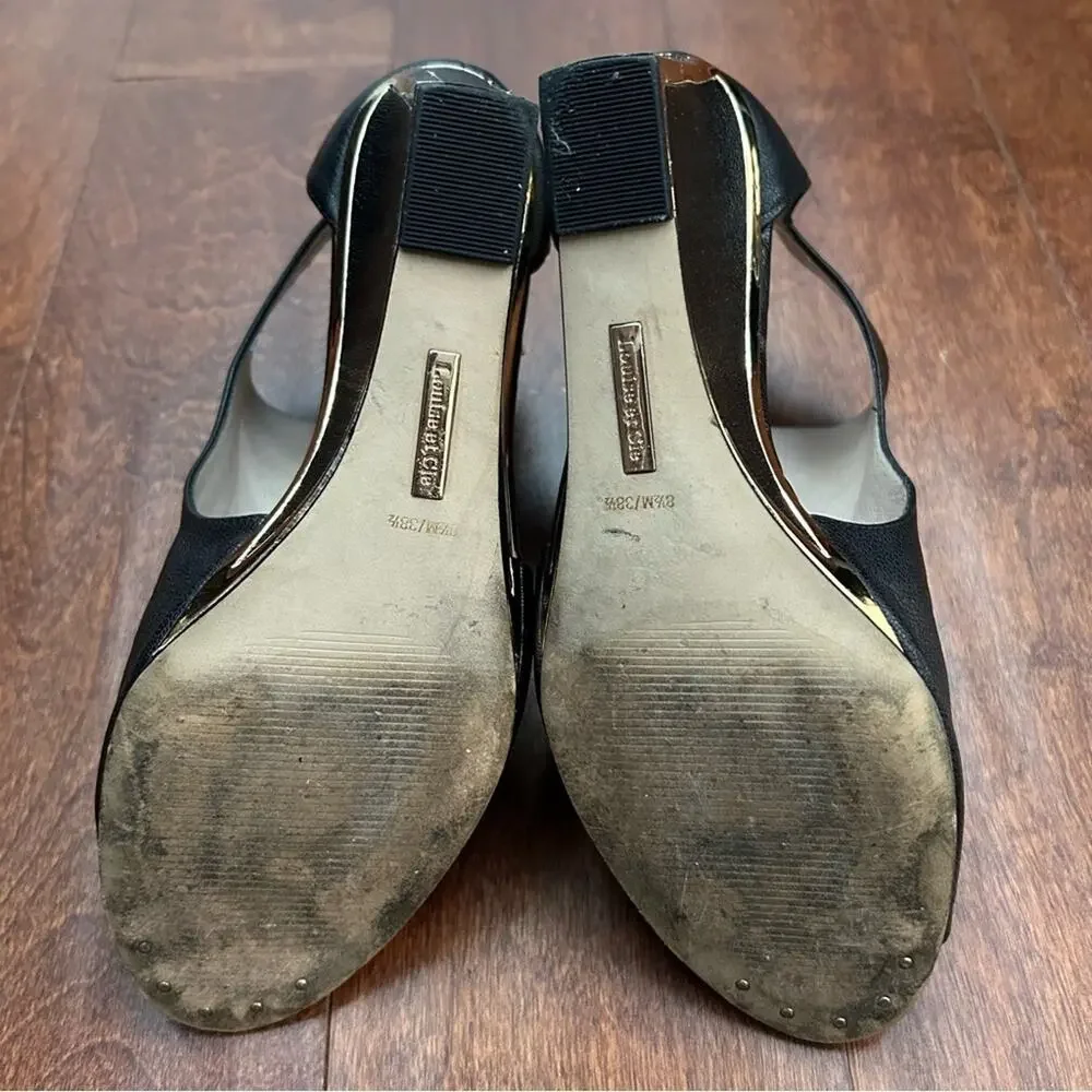 Louise et Cie Black Leather Wedge Heel Peep Toe Shoes, Gold Detailing Size 8.5